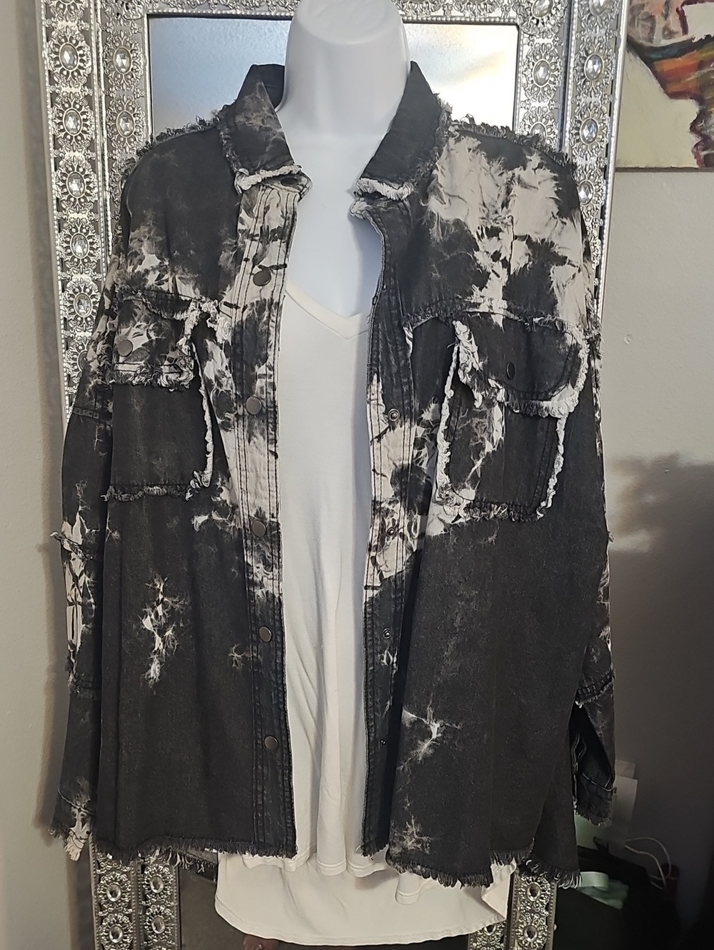 Elan Black & White Distressed Tie-Dye Denim Jacket